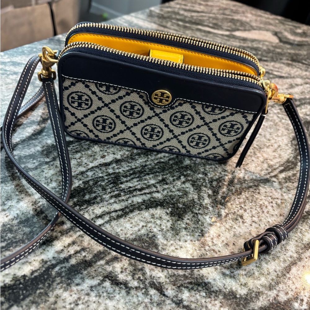 Tory Burch Patterned Navy and Gold Crossbody Bag